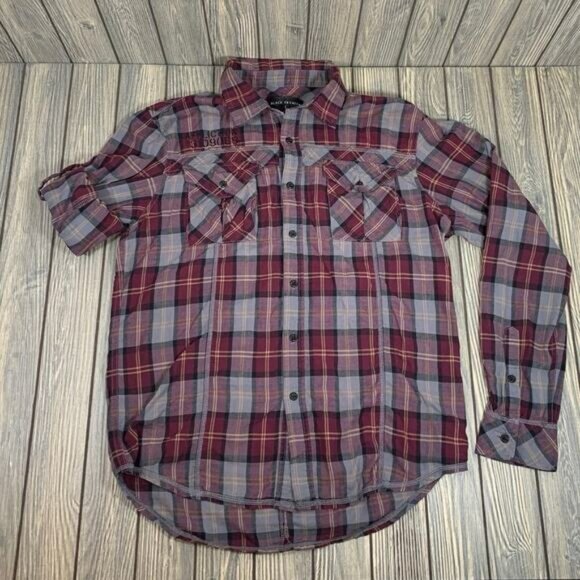 Affliction Black Premium Men Button Down Plaid Gray Red Skull Wings Sz Lg - Picture 1 of 10